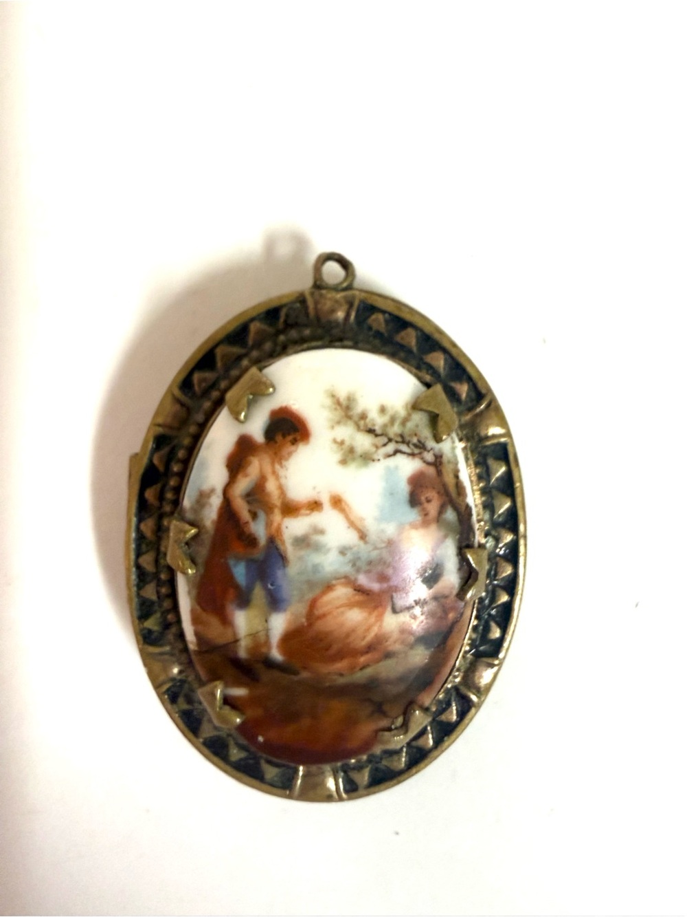 Vintage Oval Painted Porcelain Locket Necklace in Gold-tone